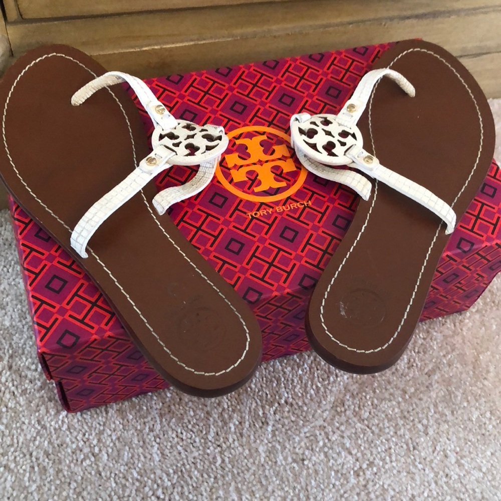 Tory Burch Miller Sandals Flip Flops White Leather